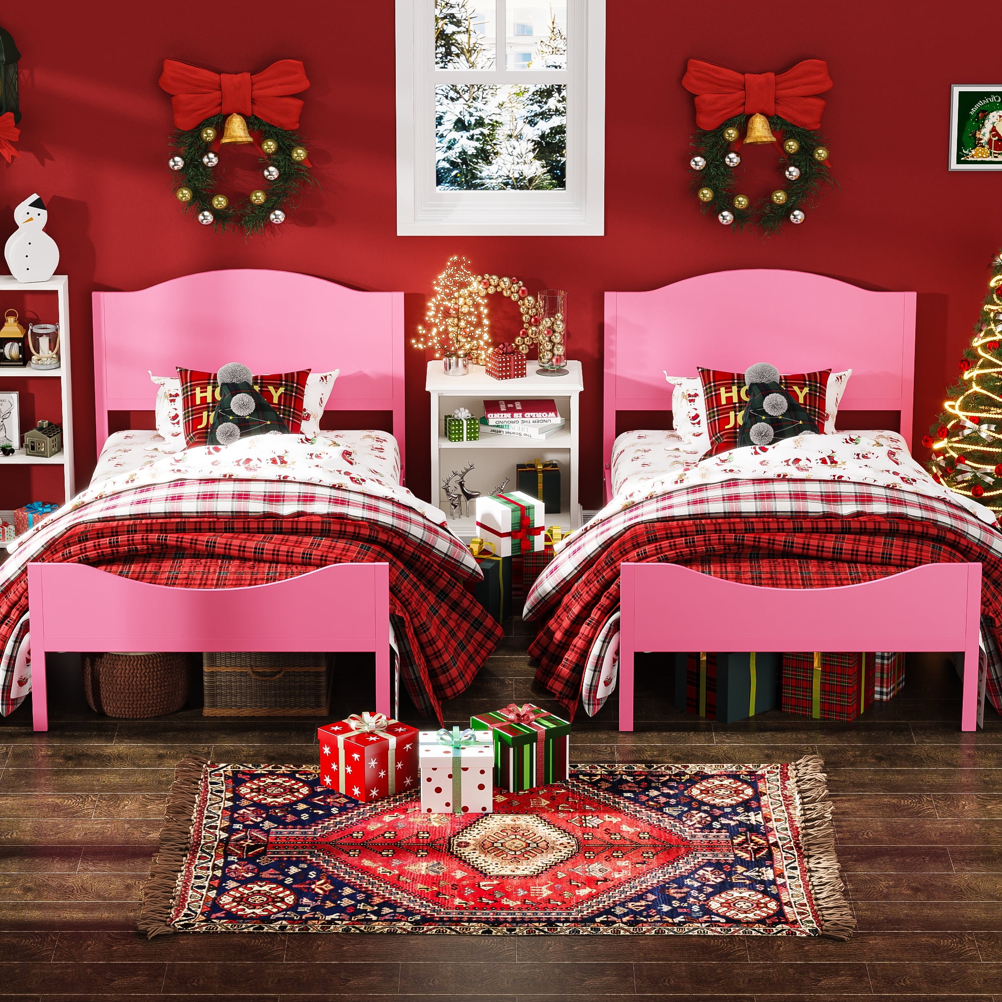 Yoneston Kids Twin Metal Platform Bed Frame with Wood Headboard for Girls, Toddler, Kids, and Teens, Pink
