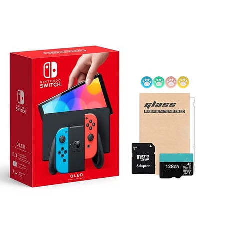 Newest Nintendo Switch (OLED Model) Neon Joy Con 64GB Console With Screen Protector & 128GB SD Card Bundle