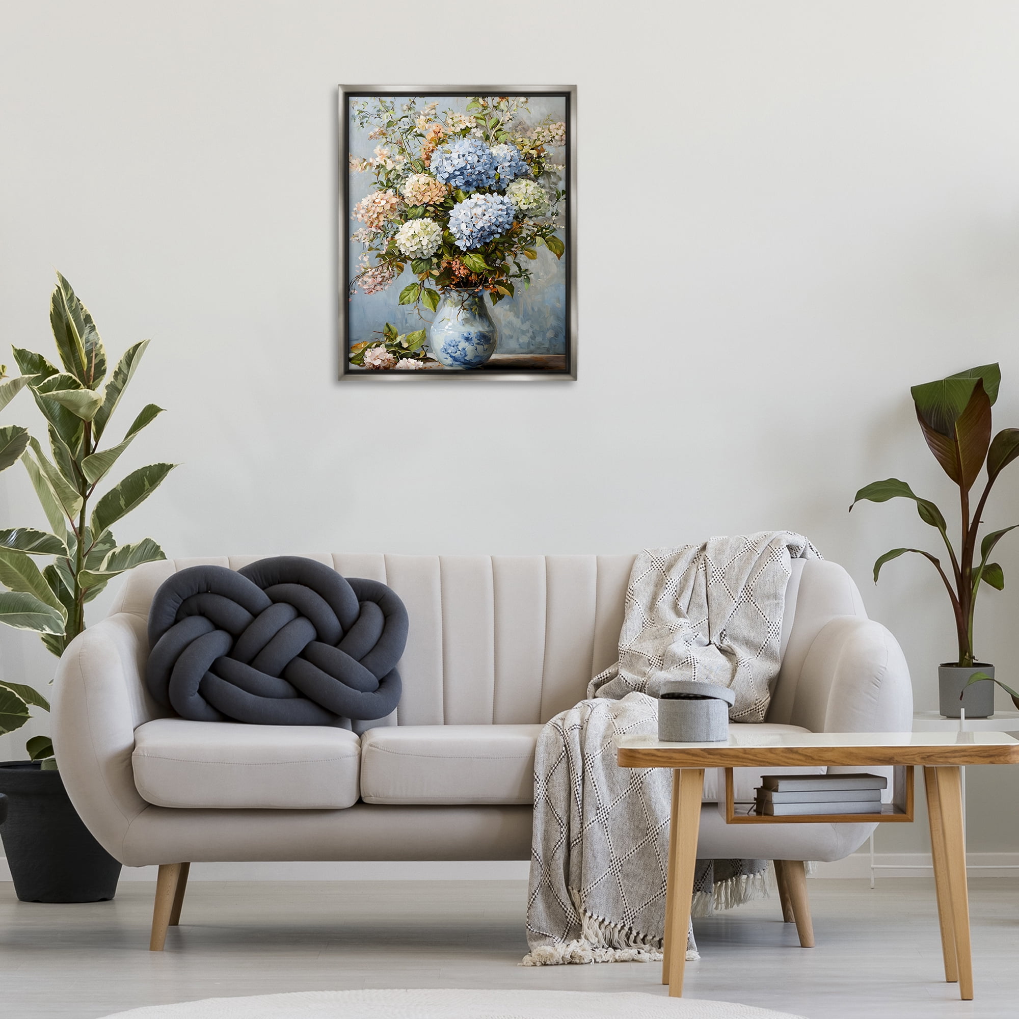 Stupell Industries Classic Hydrangeas & Leaves Floral Painting Gray Floater Framed Canvas Art Print Wall Art, 25 x 31