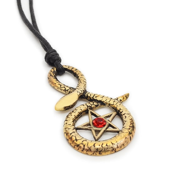 Red Pentagram Snake Handmade Brass Necklace Pendant Jewelry With Cotton Cord