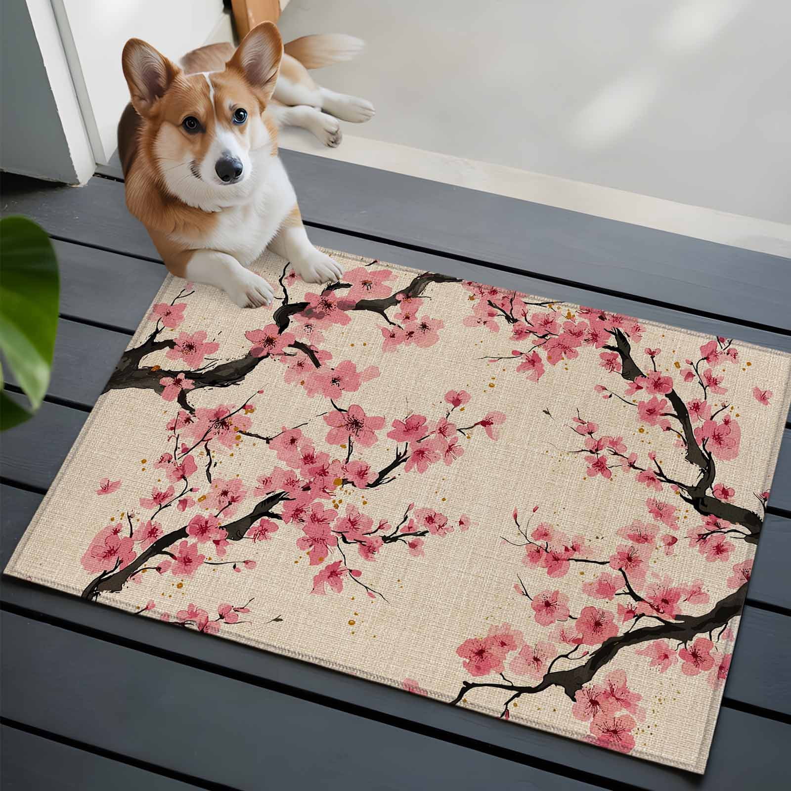 Entryway Rug 2'x3', Spring Flowers Small Rug for Kitchen Bathroom Door Mat Indoor Entrance, Country Pink Peach Blossoms Botanical Floral Non-Slip Area Rugs Floor Mats Carpet Front Door Rugs