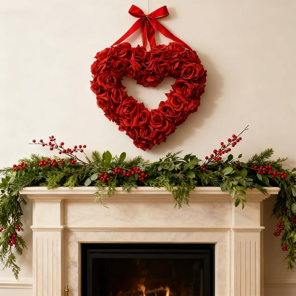 Corona floral con lazo de corazón hueco y rosas rojas para San Valentín | Decoración artificial de plástico para puerta | 35 cm/13,7 pulgadas