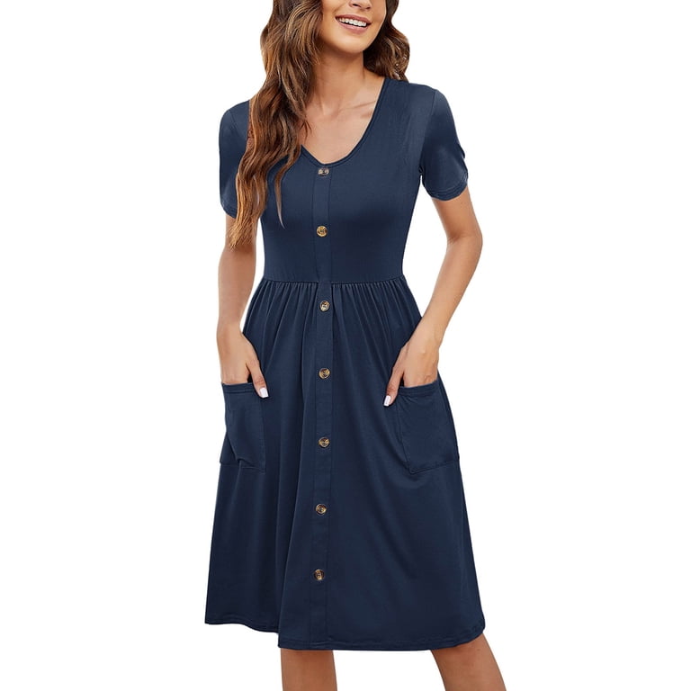 knee length navy blue casual dress Easy Going Casual Cotton Dress Navy / XL