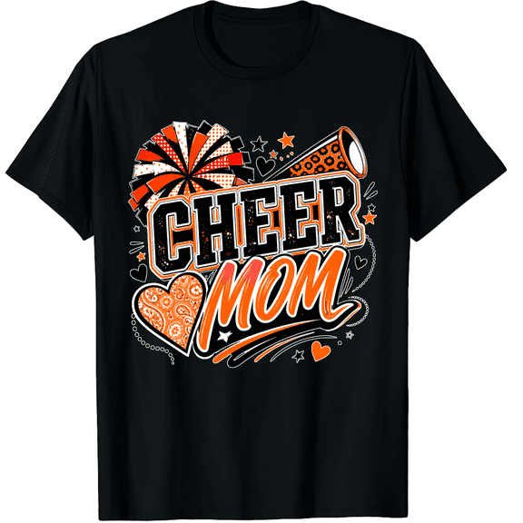 KeHetSoft Women's Orange Paisley Heart Cheer Mom Cotton Graphic T-Shirt