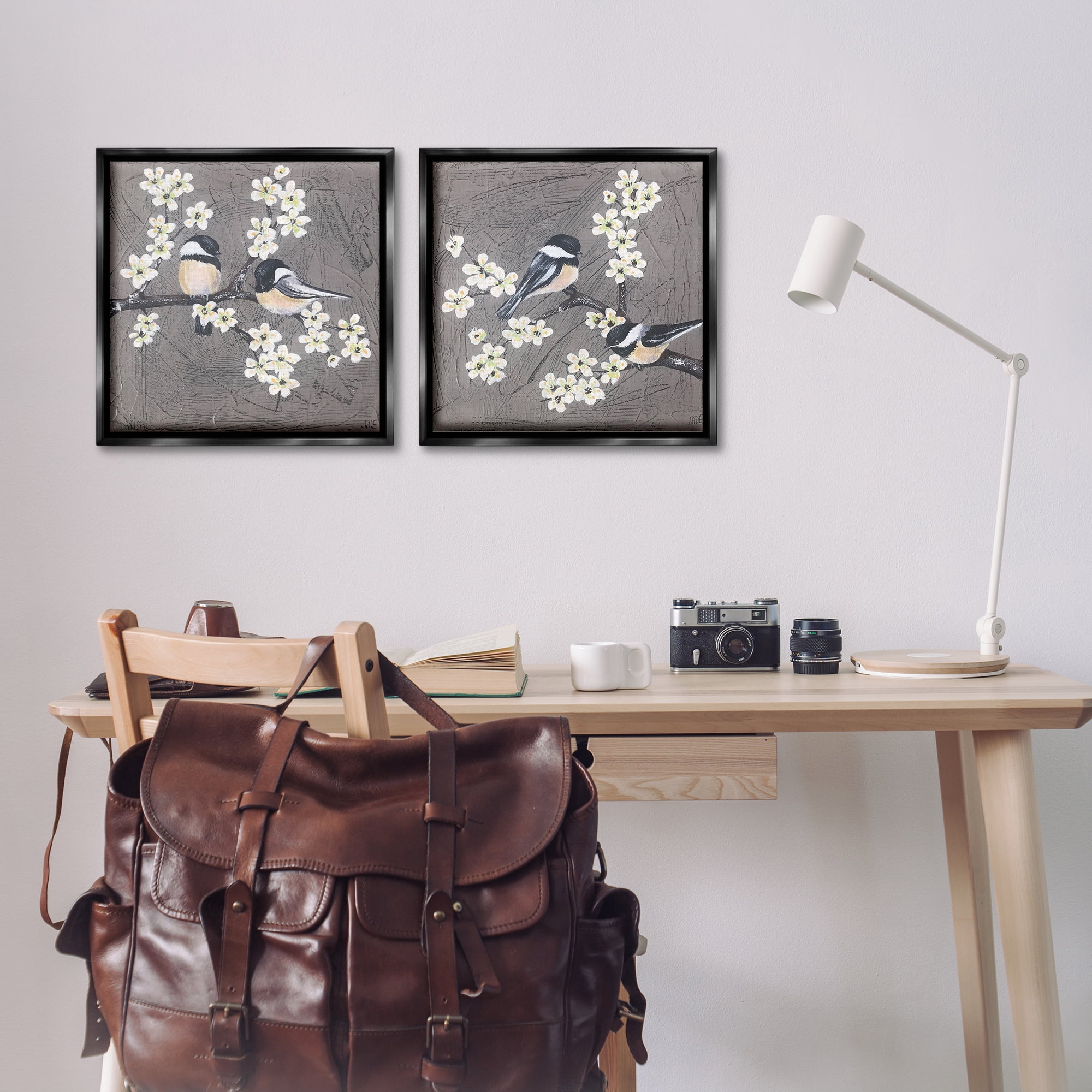 Stupell Industries Chickadee Birds Flowering Branch Animals Painting Black Floater Framed Canvas Art Print Wall Art, 18 x 18, Set of 2