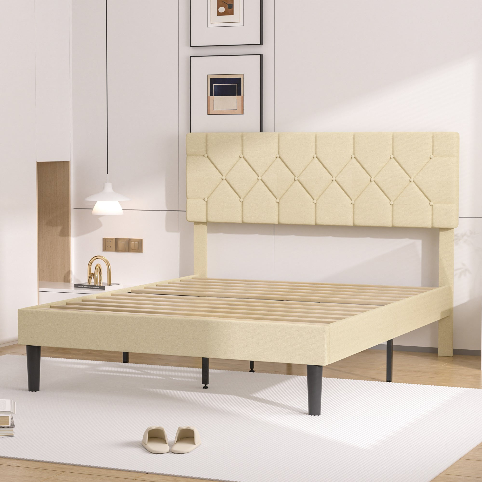 VECELO Queen Size Platform Bed Frame Upholstered Beds with Height-Adjustable Linen Button Tufted Headboard, Bed Frame, Beige