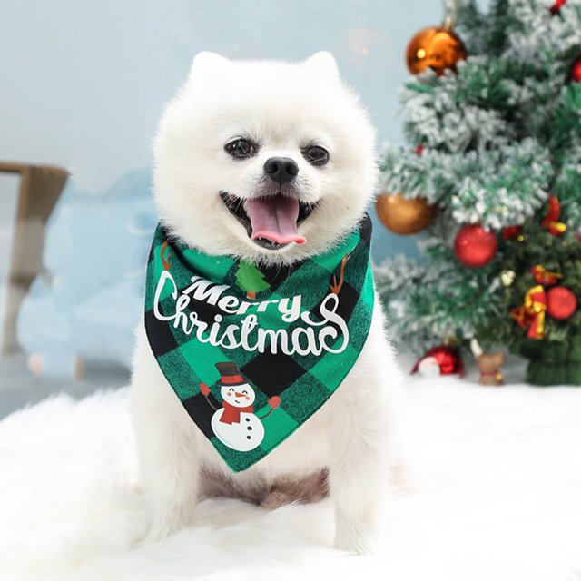 Christmas Holiday Pet Bandana Double Layer Triangle Towel Bib with Festive Front Print and Cozy Reverse Plaid Design for Daily Use