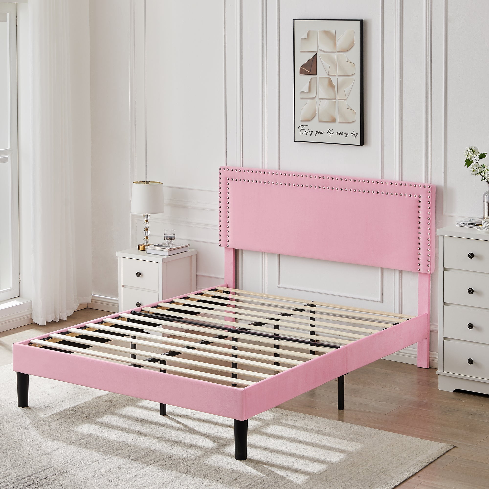 Katkuca Full Bed Frame, Upholstered Queen Size Platform Bed Frame with Adjustable Headboard, Strong Wood Slat Support, No Box Spring Needed, Pink