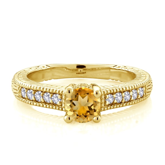 Gem Stone King 18K Yellow Gold Plated Silver Yellow Citrine and White Created Sapphire Women's Solitaire Ring with Accent Stones (0.88 Cttw, Round Shape 5MM, Size 9)