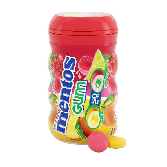 Mentos Gum Sugar-Free Tropical Red Fruit Lime Chewing Gum, 50 Regular Size Pieces, Bottle