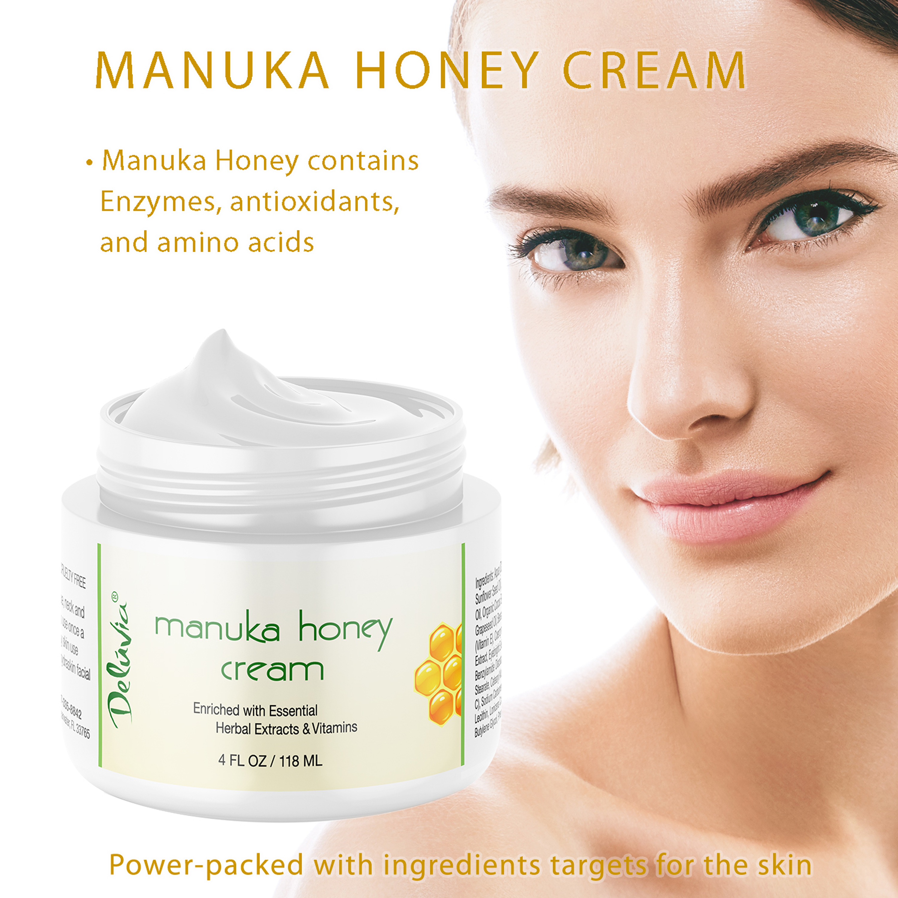 Deluvia - Manuka Honey Cream for Face & Body Soothing, Hydrating, & Non-Greasy for Dry Skin, Moisturizing Lotion 4 fl. oz
