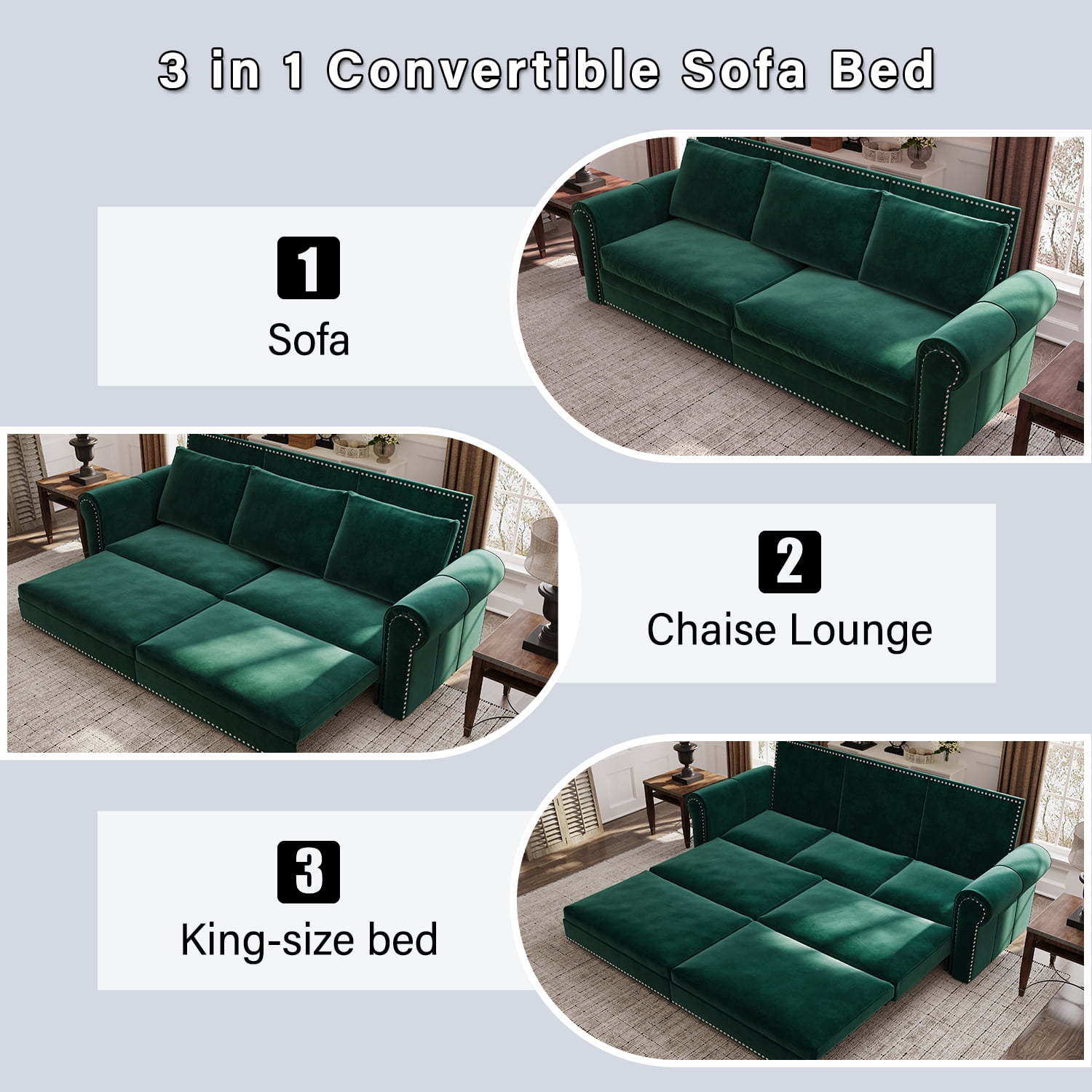 3-in-1 Convertible Velvet Sofa Bed, King Size Pull Out Sleeper Couch, Green