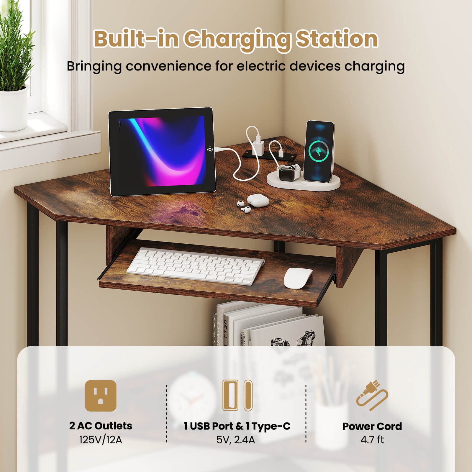 Costway Corner PC Desk with Charging Station, Keyboard Tray