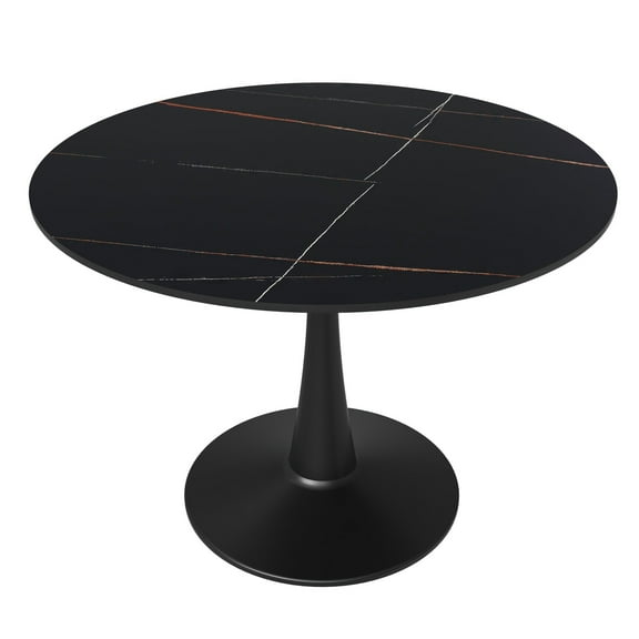 LeisureMod Round Dining Table Modern 40" Sintered Stone Tabletop with Black Steel Pedestal Base for Kitchen and Living Room Bristol Series in Black