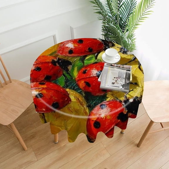 RKSupls 60 Inch Round Tablecloth, Ladybugs Yellow Flowers Premium Polyester Straight Edge Wrinkle Resistant Washable Table Cover for Party Home Dining Decor