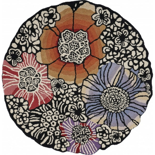 homeroots home decor 396165 6’ Round Red and Black Floral Blossom Area Rug