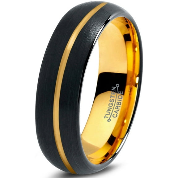 P. Manoukian Tungsten Wedding Band Ring 6mm for Men Women Black & 18K Yellow Gold Plated Center Line Dome Brushed Polished Lifetime Guarantee Size 4.5