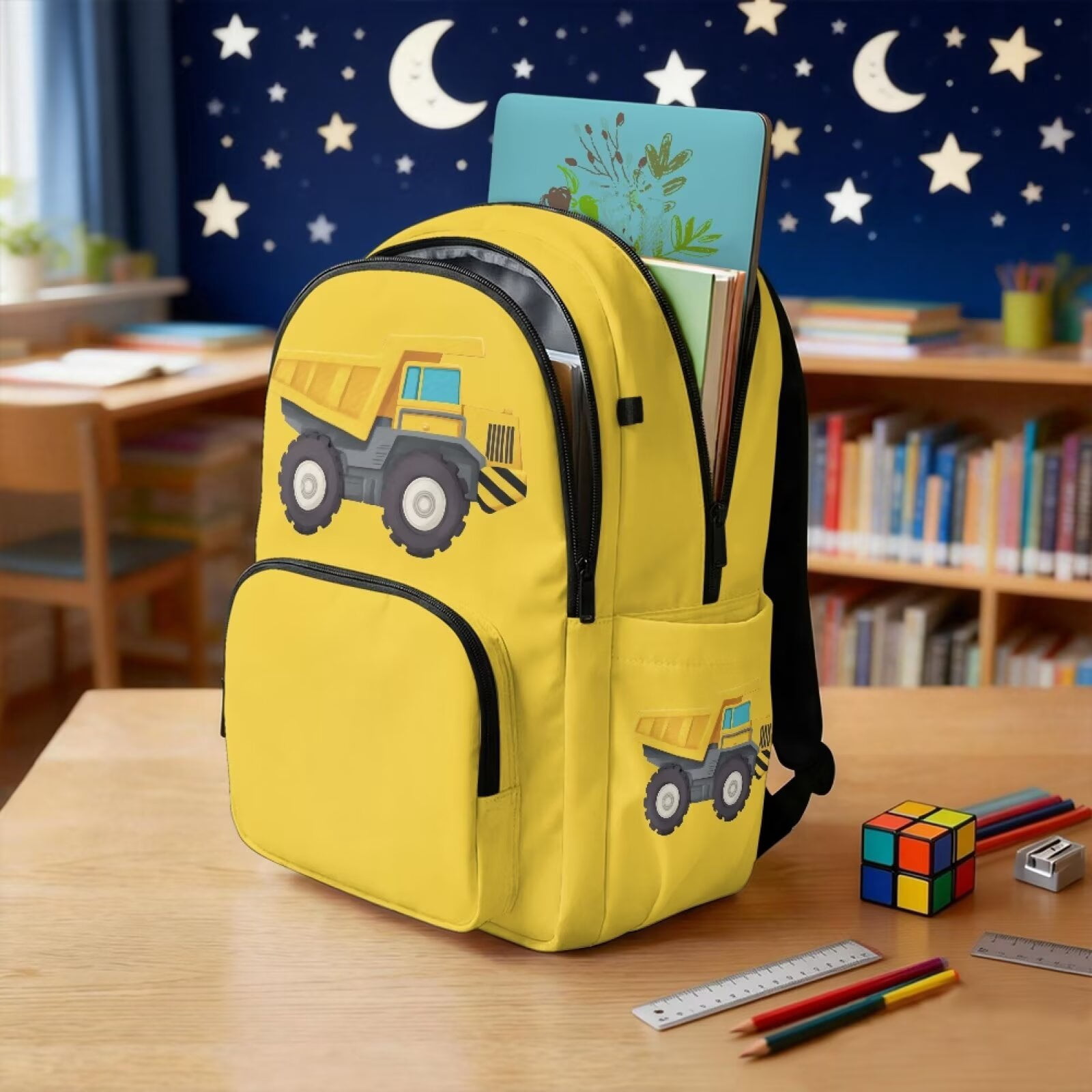 Xixirimido Yellow Cartoon Trunk Print 17" School Backpack for Girls Boys High School Book Bag Cute Backpack Lightweight Middle School Back Pack Daypack Elementary