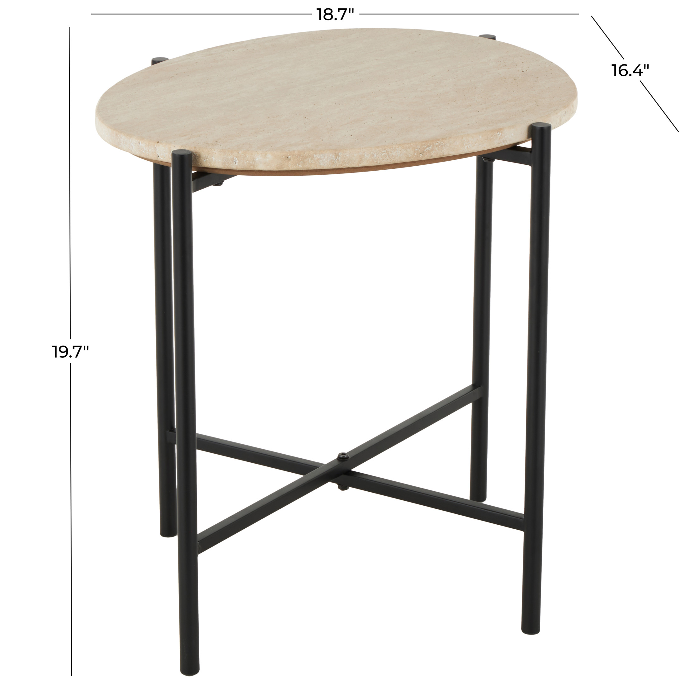 DecMode 19" x 20" Beige Marble Accent Table with Black Metal Support, 1-Piece