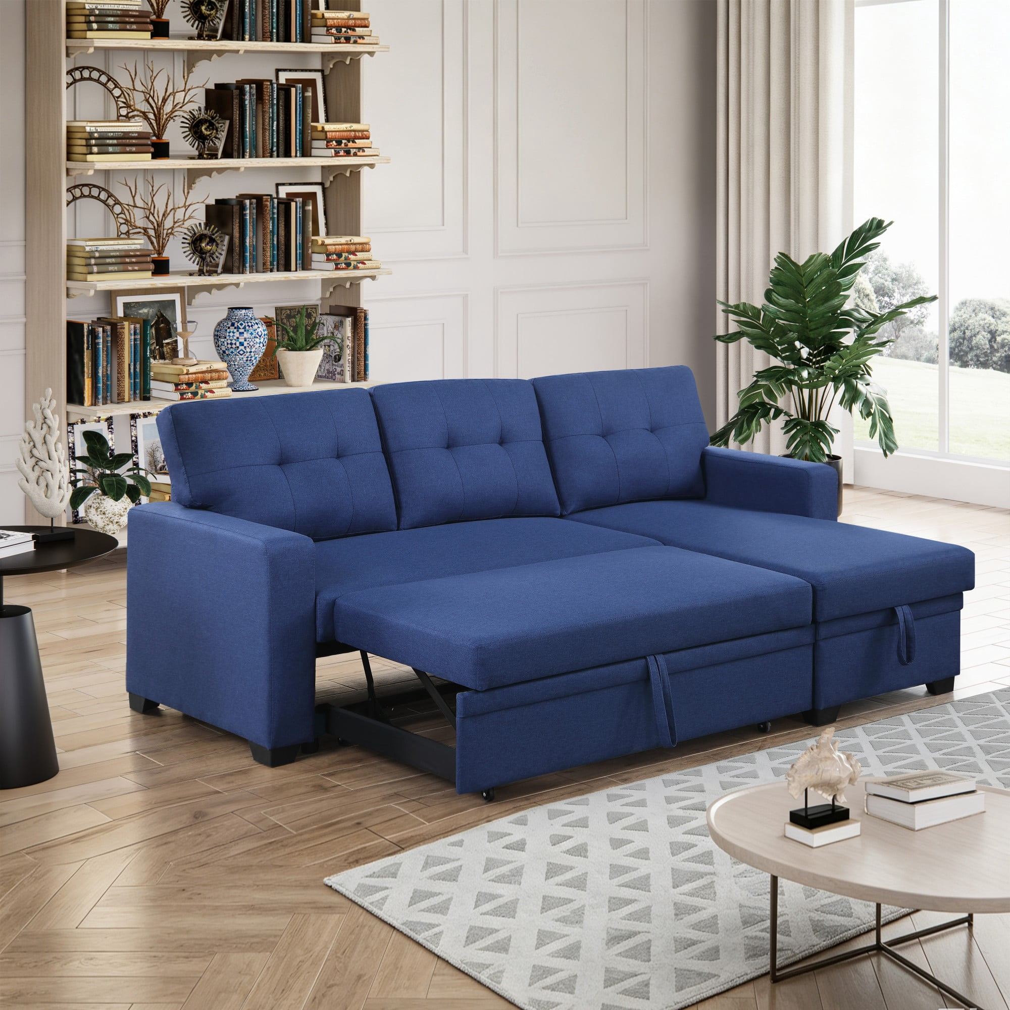 BSHTI 82" 3-Seat Linen Pull Out Sectional Sleeper Sofa with Storage Chaise, Removable Back Cushions for Living Room（Blue）