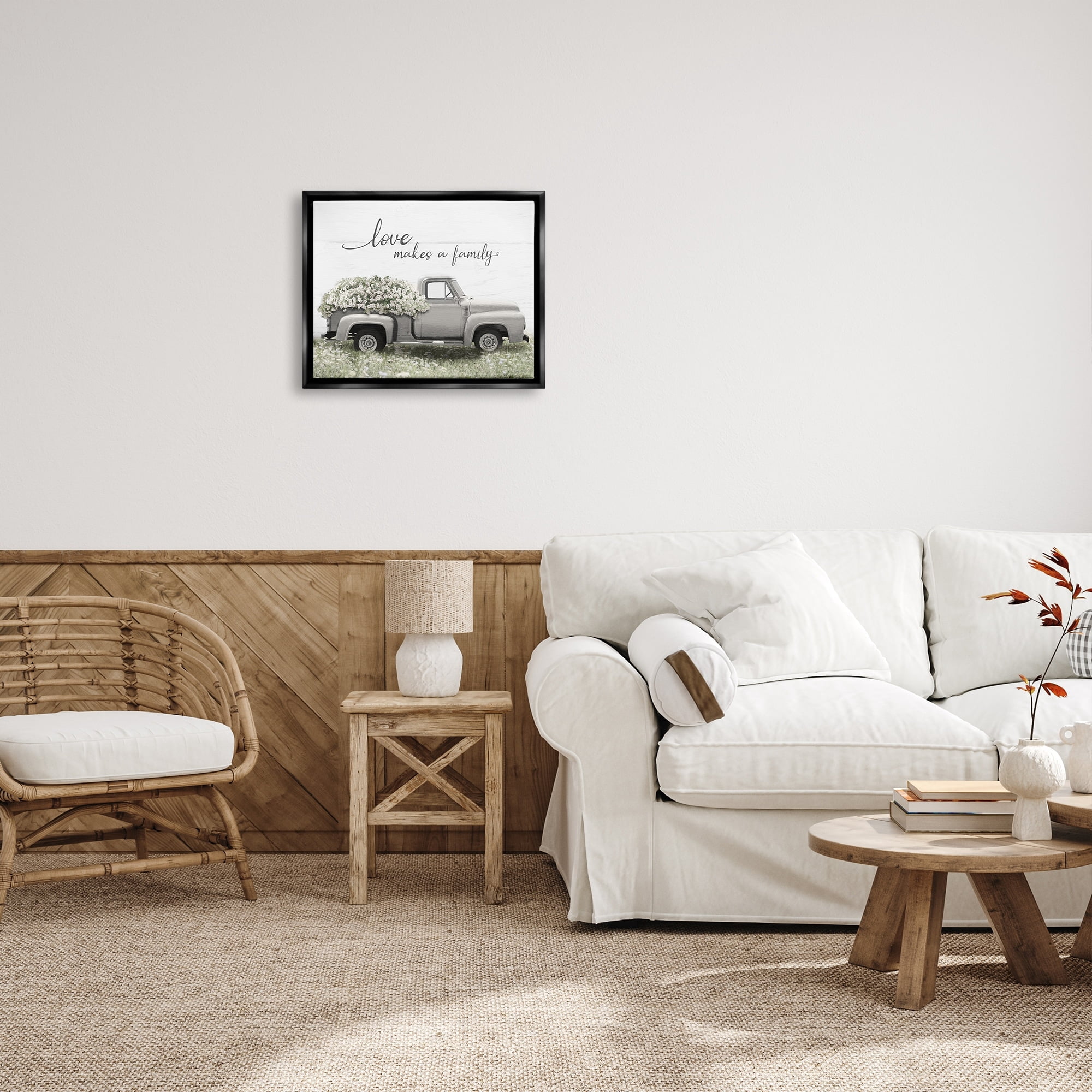Stupell Industries Love Makes Family Flower Blossom Filled Truck Graphic Art Jet Black Floating Framed Canvas Print Wall Art, Design by Lori Deiter