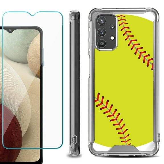 Shockproof Bumper Phone Case for Samsung Galaxy A32 5G, with Tempered Glass Screen Protector, by OneToughShield ® - Softball Green