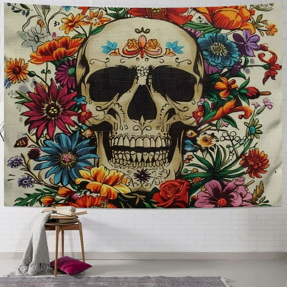 Autua Skull Flowers Day of the Dead Tapestry Wall Hanging Unique Style Graphic Tapestries for Home Wall Decor Living Room Bedroom Apartment Farmhouse Dorm 40x30inch