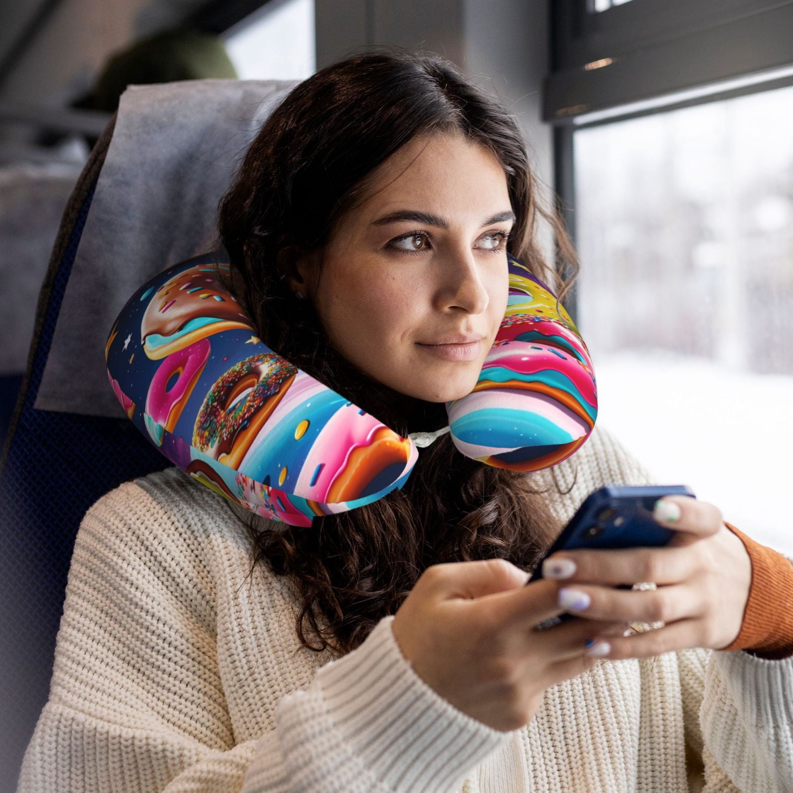 Xecao Space Colorful Donut Print Memory Foam Cervical Neck Pillow Versatile U-Shaped Pillows for Home,Office,Camping,Travelling,Soft Washable Cover
