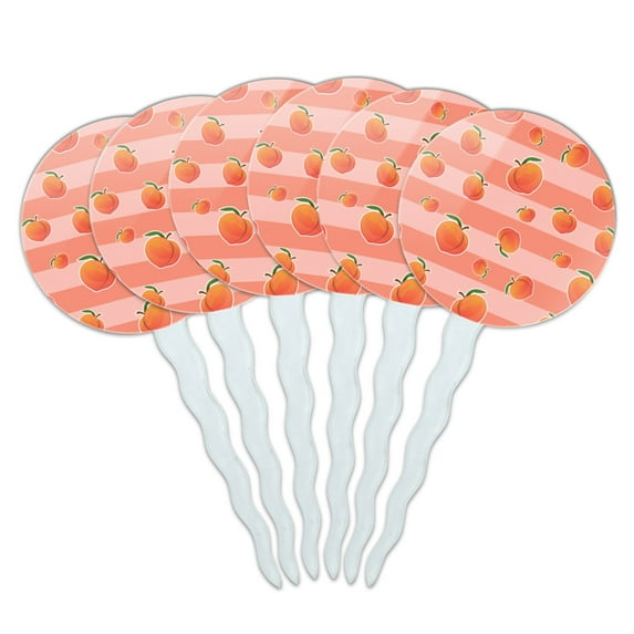 Cute Peaches and Stripes Pattern Cupcake Picks Toppers Decoration Set of 6