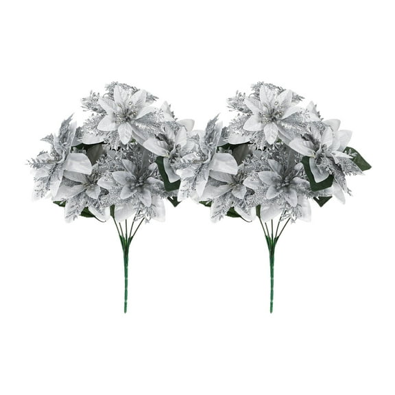 2 Pcs Glitter Artificial Poinsettia Christmas Flowers – 13.7 in 7-Head Faux Holiday Bouquet for Vase, Tree, Fireplace, Indoor Seasonal Decoration