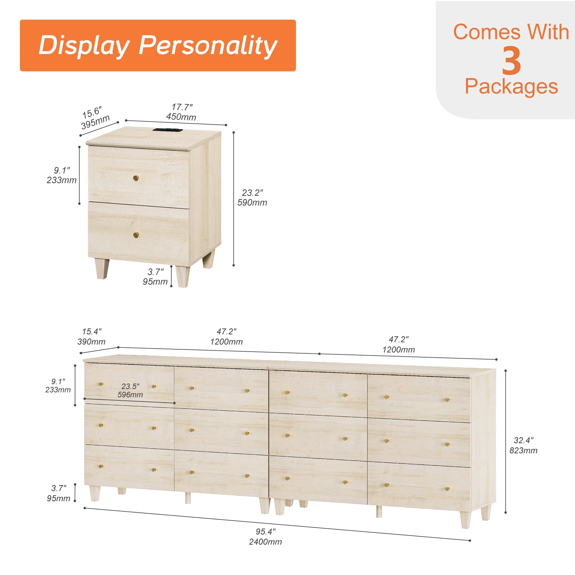 WAMPAT Dresser and Nightstand Set of 3, Wood Dressers with 12 Drawers, Nightstand with Charging Stations for Living Room, Natural Oak