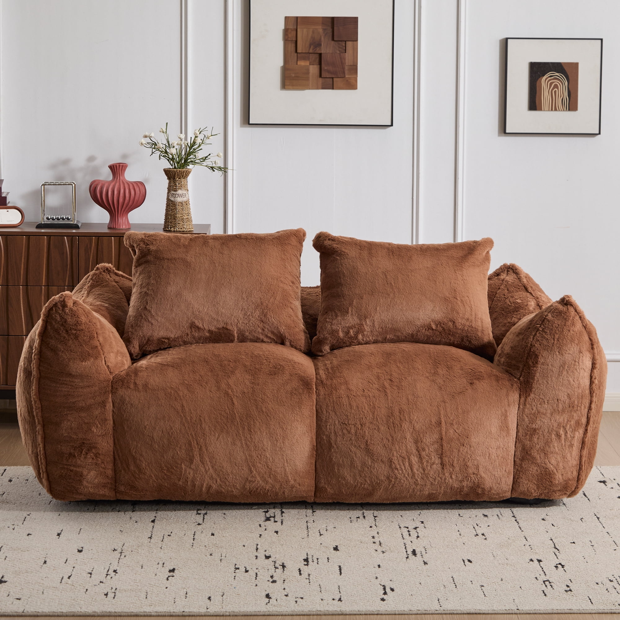 FFH Bean Bag Chair for Adults, 75" Oversized Loveseat Bean Bag Sofa with 2 Pillows, Lazy Sofa Reading Chaise Lounge Couch for Living Room, Bedroom, Brown