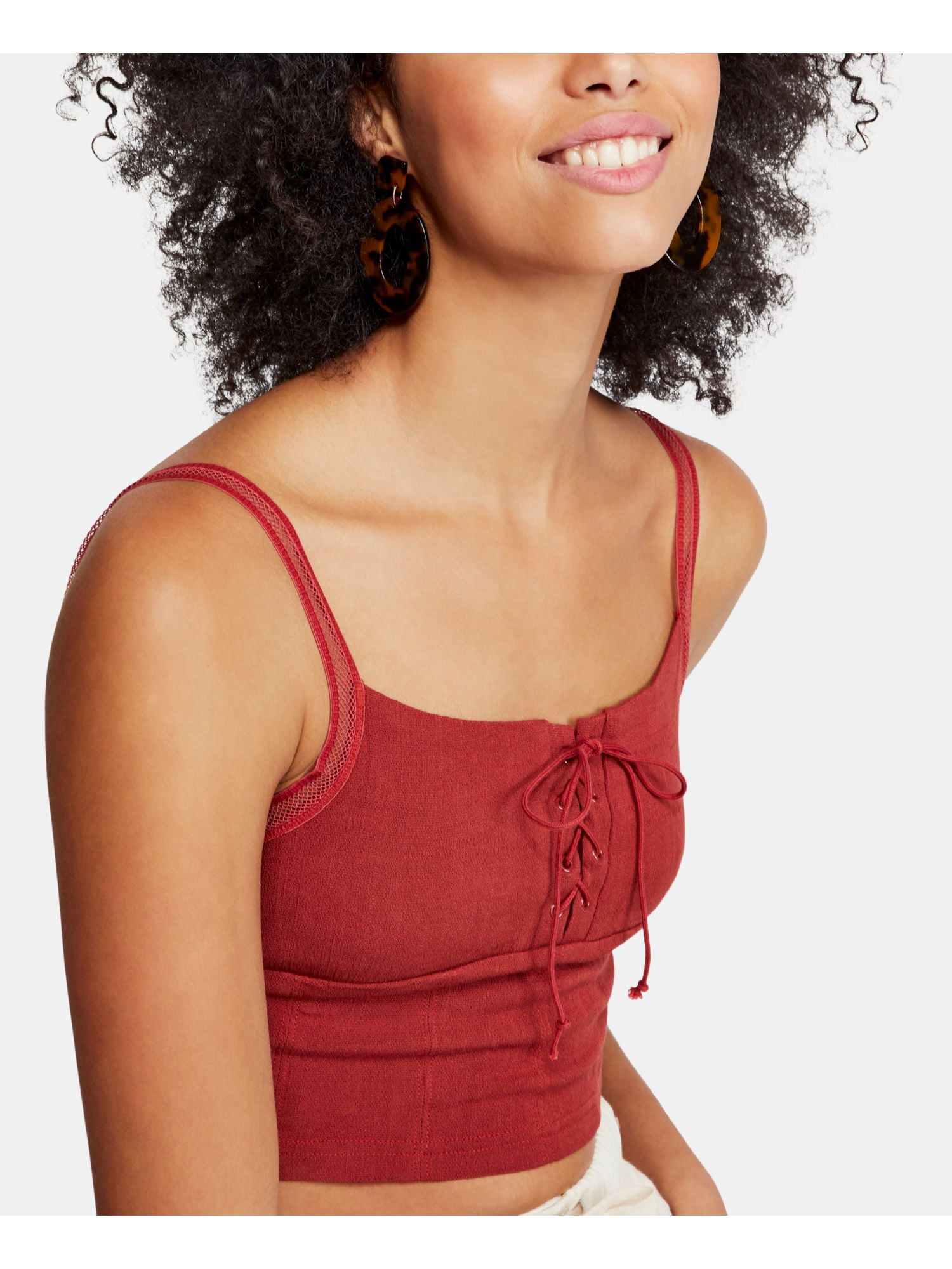 Womens Eyelet Lace-Up Crop Top Red 