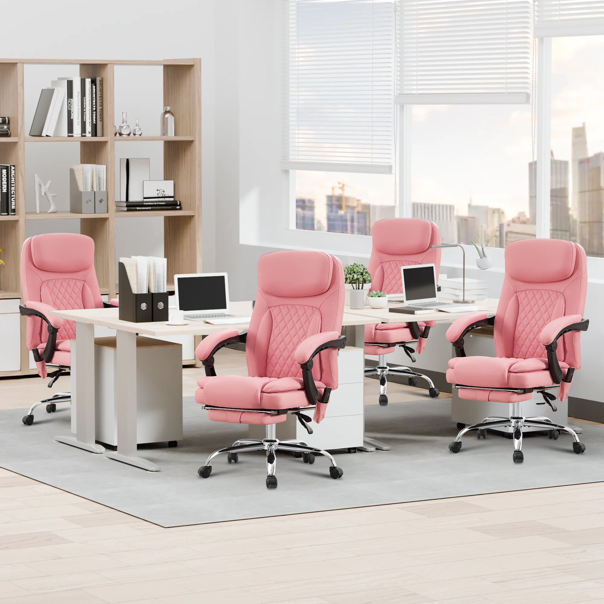 JONPONY Big and Tall Office Chair 500LBS Executive Office Chair Massage and Footrest Ergonomic Computer Desk Chair Reclining High Back Leather Office Chair Lumbar Back Support Swivel Rolling,Pink
