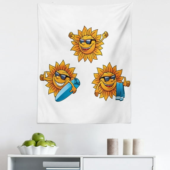 Summer Tapestry, Surf Sun Characters Wearing Shades and Surfboards Fun Hippie Summer Design, Fabric Wall Hanging Decor for Bedroom Living Room Dorm, 5 Sizes, Orange White, by Ambesonne