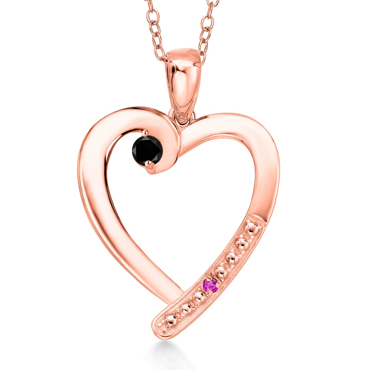 Gem Stone King 18K Rose Gold Plated Silver Black Diamond and Pink Sapphire Heart Pendant Necklace for Women | 0.19 Cttw | Gemstone April Birthstone | Round 3.5MM | With 18 inch Chain