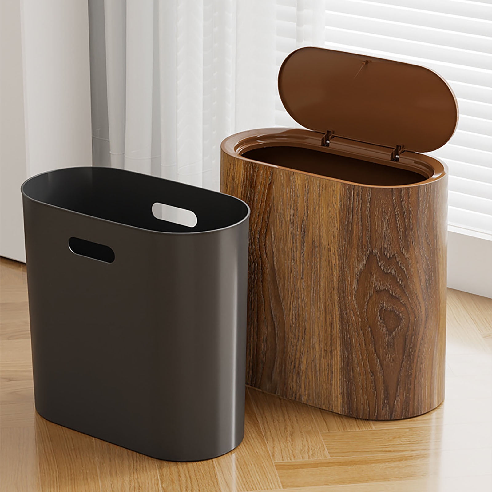 Bathroom Cans with Lids, Marble Wood Pattern Can, Detachable Inner, Small Garbage Bin with Press Type Lid, Narrow Wastebasket for Bathroom Home Indoor Hotel,Brown/2Pack