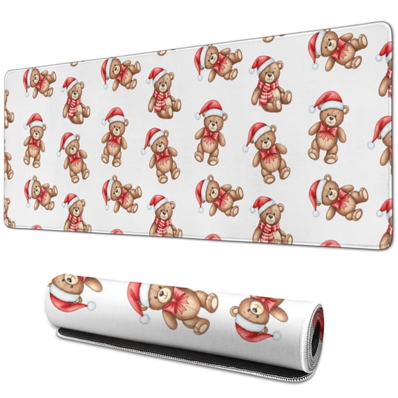 31.5x11.8 Inch Gaming Mouse Pad, Non-Slip Stitched Rubber Desk Mat for Desktop & Laptop,Christmas Teddy Bear Santa Hat White Pattern