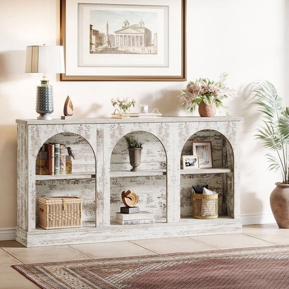 Tribesigns 63 Inch Console Table, Long Farmhouse Entryway Table with 3 Tier Storage for Living Room, Hallway, Distressed White