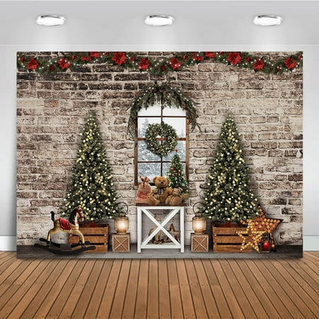 Image of Christmas Window Photo Backdrop Christmas Tree Brick Wall Background Stuffed Bear Holiday Family Kids Portrait Photography Backdrop Photo Booth Props (7x5ft)