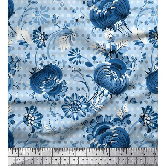 Soimoi Poly Georgette Fabric Dot & Floral Artistic Printed Craft Fabric by the Yard 42 Inch Wide