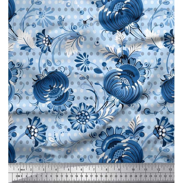 Soimoi Poly Georgette Fabric Dot & Floral Artistic Print Fabric by the Yard 52 Inch Wide