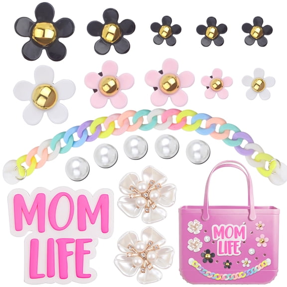 19pcs Cute Flower Pearl Chain Charms for Bogg Bag, Momlife Insert Charm Decorations Accessories for Women Rubber Totes Beach Bags Handbags