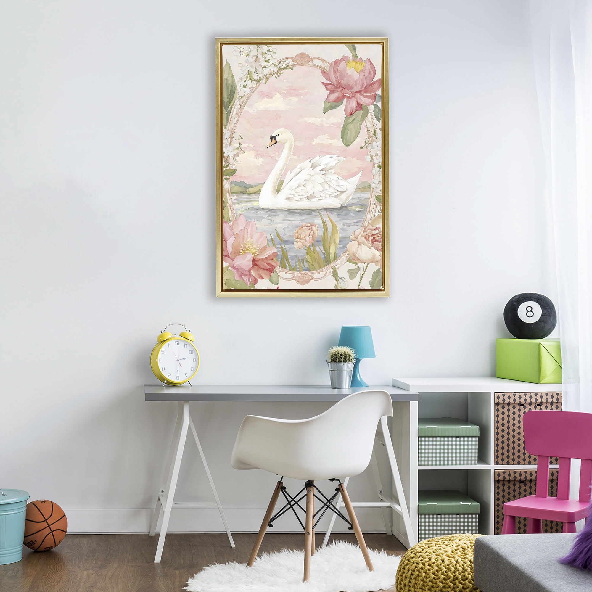 Stupell Industries Floral Border Swan in Bloom Gold Framed Floater Canvas Wall Art, design by Creative Studio