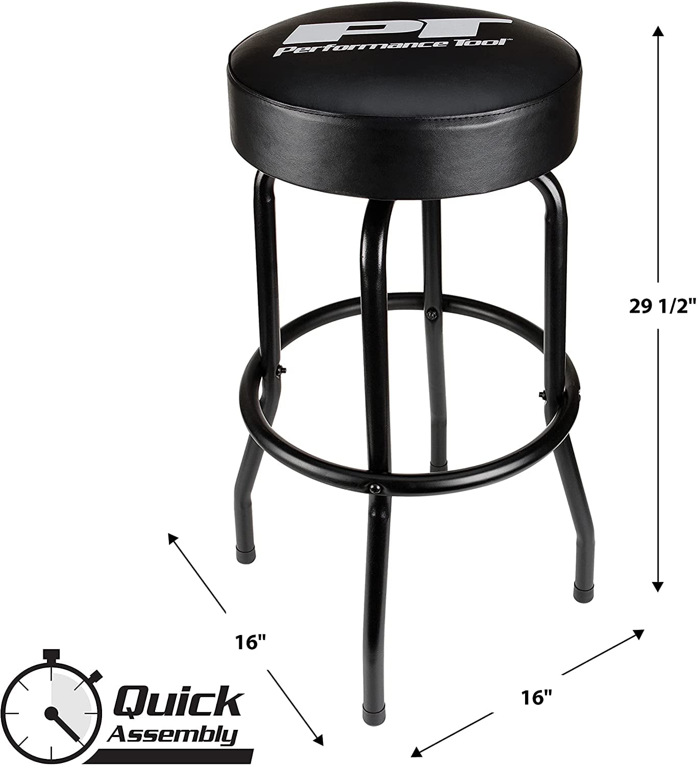 Performance Tool W85031 Pneumatic High Back Adjustable Swivel Bar Stool  with Back Support for Home, Bar, and Shop, Black, 26-32-Inches High
