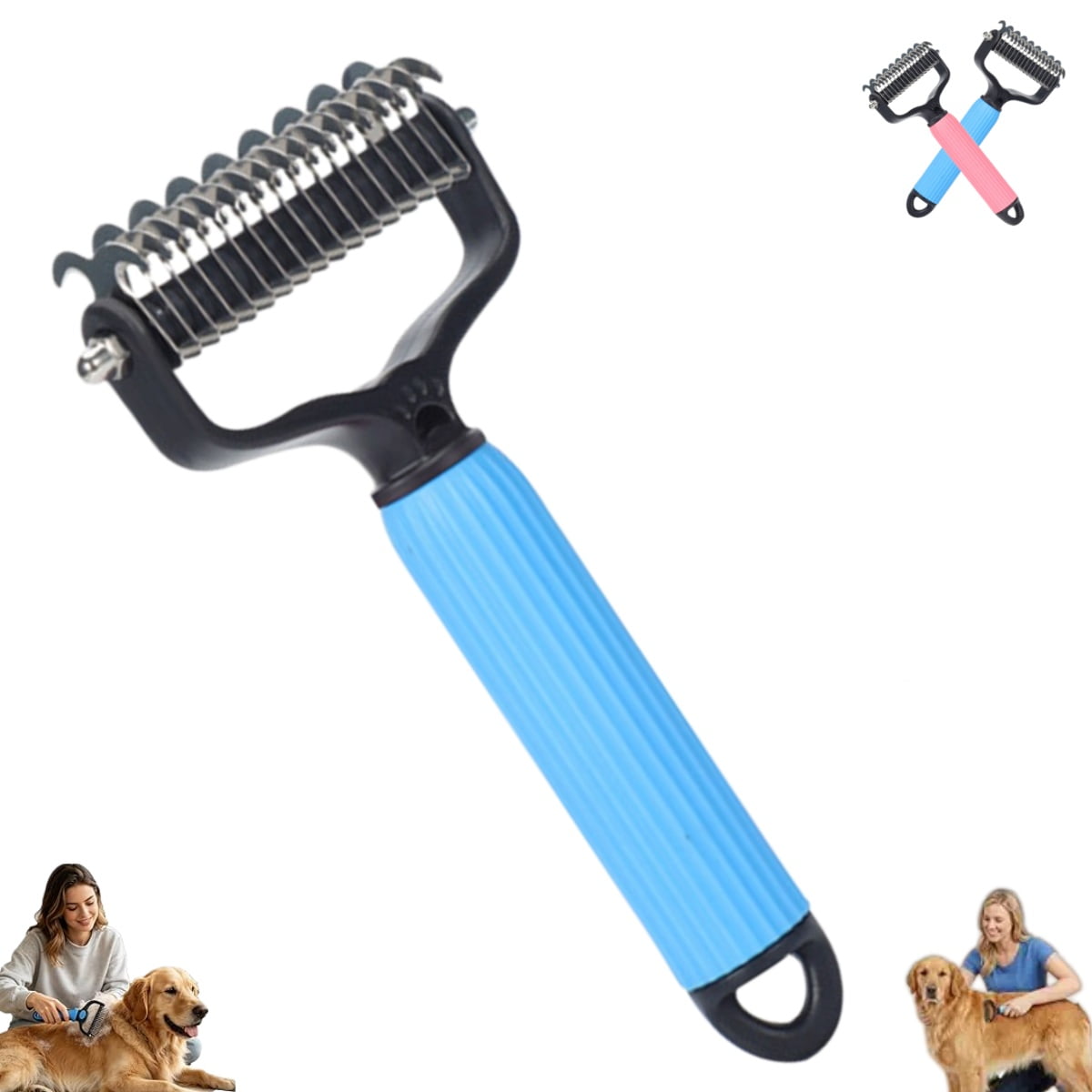 Double Sided Pet Undercoat Rake Dematting Comb, Detangling Grooming Tool for Medium and Long Haired Dogs Cats to Remove Matted Tangled Fur, Blue Small 11 Teeth