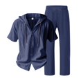 thumbnail image 5 of Awwp Men Set Summer Matching Set for Men Holiday Shor Sleeve Shirts 2 Piece Sets Trendy Long Pants Button Button With Hooded Navy L, 5 of 7