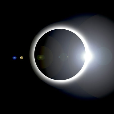 An artists depiction of a solar eclipse The moon obscures the sun with the suns corona still visible Lens flares from light passing through the camera lens are also illustrated Poster