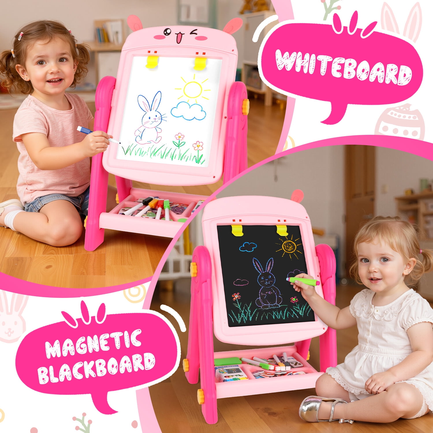 HopeRock Easel for Kids, Pink Rabbit Toddler Easel, Double-Sided Magnetic Whiteboard & Chalkboard, Toddler Art Set Educational Drawing Easel Gift for 2-6 Year Old Girls.