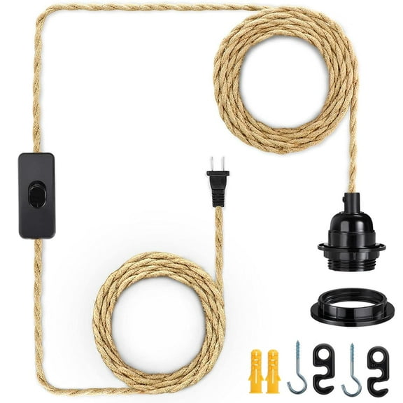 NUODIFAN Rattan Wrapped Extension Hanging Lantern Cord, Plug-in Pendant Light with Hemp Cord - 15ft, E26/E27 Compatible - Ideal for Rustic Lighting and Boho Style Decor